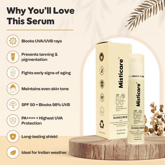 Misticare Sunscreen SPF 50 PA++++ with Vitamin B5, Vitamin E & Almond Oil | Advanced Broad Spectrum Sun Protection