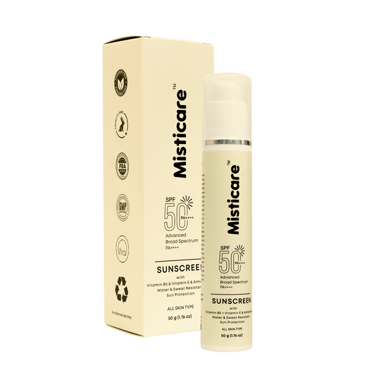 Misticare Sunscreen SPF 50 PA++++ with Vitamin B5, Vitamin E & Almond Oil | Advanced Broad Spectrum Sun Protection