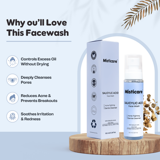 Misticare Salicylic Acid Face Wash for Acne & Oily Skin | Deep Pore Cleanser with Aloe Vera, Cucumber & Papaya Extract
