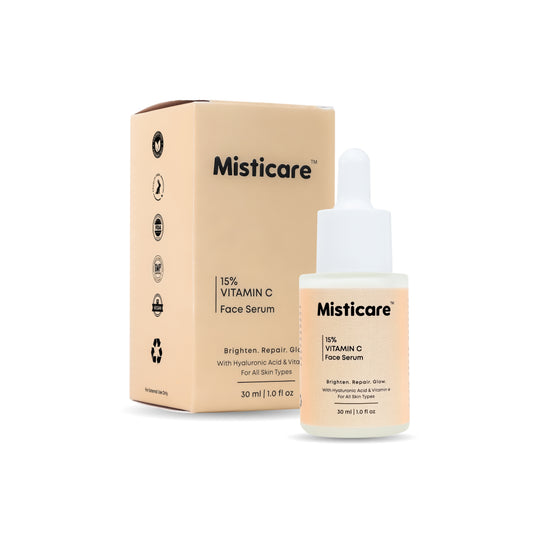 Misticare 15% Vitamin C Face Serum with Hyaluronic Acid & Vitamin E | Brightening, Anti-Aging, Dark Spot Reduction, Skin Repair | All Skin Types | 30ml