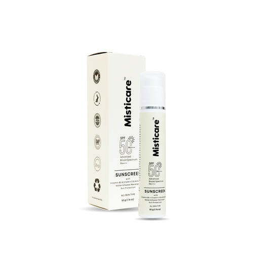 Misticare Sunscreen SPF 50 PA++++ with Vitamin B5, Vitamin E & Almond Oil | Advanced Broad Spectrum Sun Protection | Water & Sweat Resistant | All Skin Types | 50g
