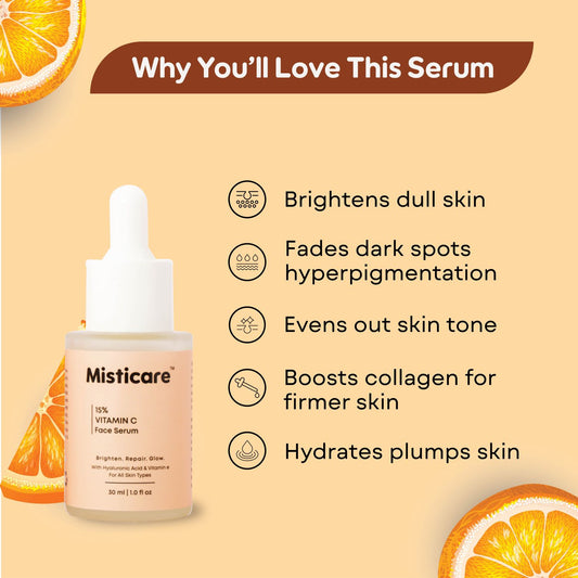 Misticare 15% Vitamin C Face Serum with Hyaluronic Acid & Vitamin E | Brightening, Anti-Aging, Dark Spot Reduction, Skin Repair | All Skin Types | 30ml