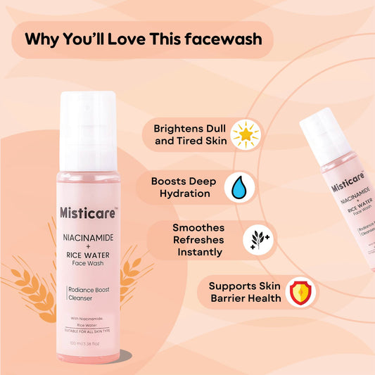 Misticare Niacinamide + Rice Water Face Wash | Brightening & Hydrating Cleanser | Boosts Radiance, Supports Skin Barrier, Soothes & Refreshes | For All Skin Types | 100 ml