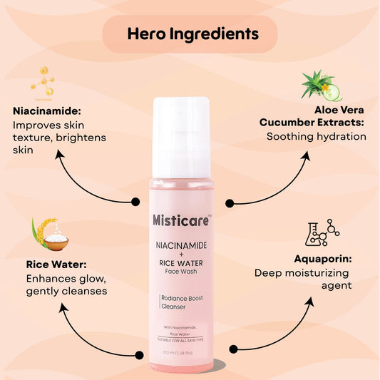 Misticare Niacinamide + Rice Water Face Wash | Brightening & Hydrating Cleanser | Boosts Radiance, Supports Skin Barrier, Soothes & Refreshes | For All Skin Types | 100 ml
