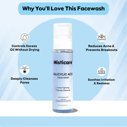 Misticare Salicylic Acid Face Wash for Acne & Oily Skin | Deep Pore Cleanser with Aloe Vera, Cucumber & Papaya Extract | Controls Excess Oil, Fights Pimples & Breakouts | Gentle Cleanser for All Skin Types - 100 ml