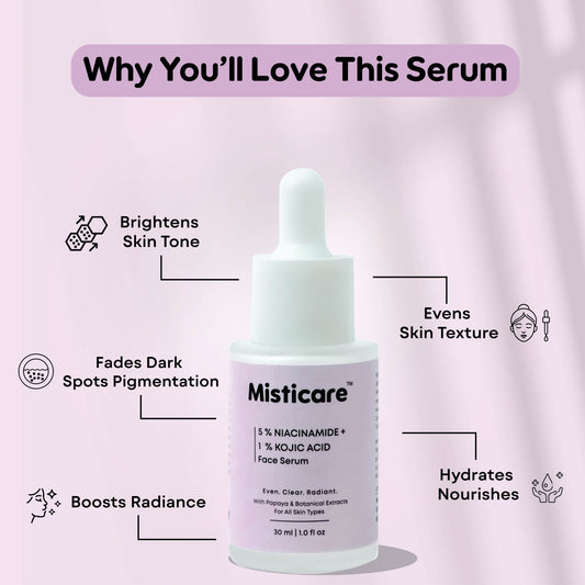 Misticare 5% Niacinamide + 1% Kojic Acid Face Serum with Papaya, Hyaluronic Acid & Botanical Extracts | Dark Spot Corrector, Brightening & Hyperpigmentation Treatment | 30ml | For All Skin Types