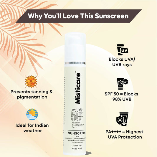 Misticare Sunscreen SPF 50 PA++++ with Vitamin B5, Vitamin E & Almond Oil | Advanced Broad Spectrum Sun Protection | Water & Sweat Resistant | All Skin Types | 50g